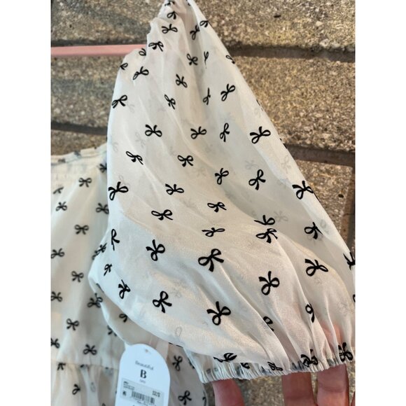 Arula Womens Ivory/Black Puff Sleeve Top With Bow Print Size 2X Polyester Blend - Picture 5 of 9